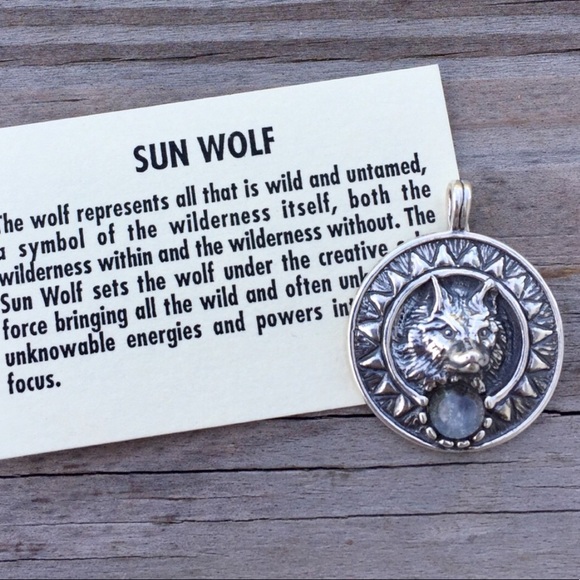 Viking Sun Wolf Pendant solid .925 Sterling Silver w/ genuine Moonstone gem USA - Picture 3 of 8